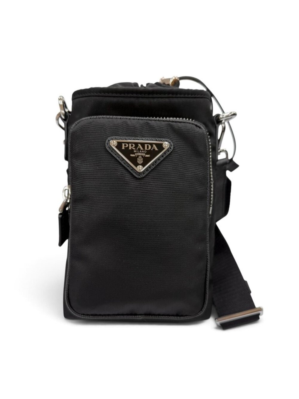 Prada Nylon Leather Re-Nylon Triangle Logo Plate Phone Case Shoulder Bag Silver